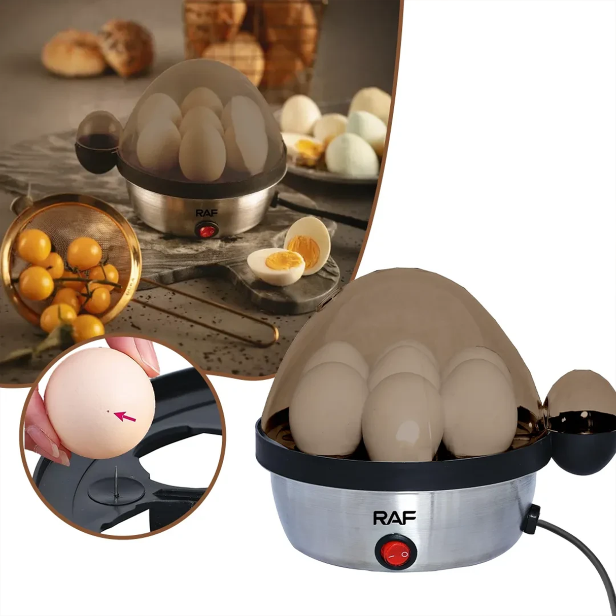 غلاية بيض كهربائية - 350 واط، تتسع حتى 7 بيضات، إيقاف تشغيل تلقائي، طرية - متوسطة - صلبة، من RAF
