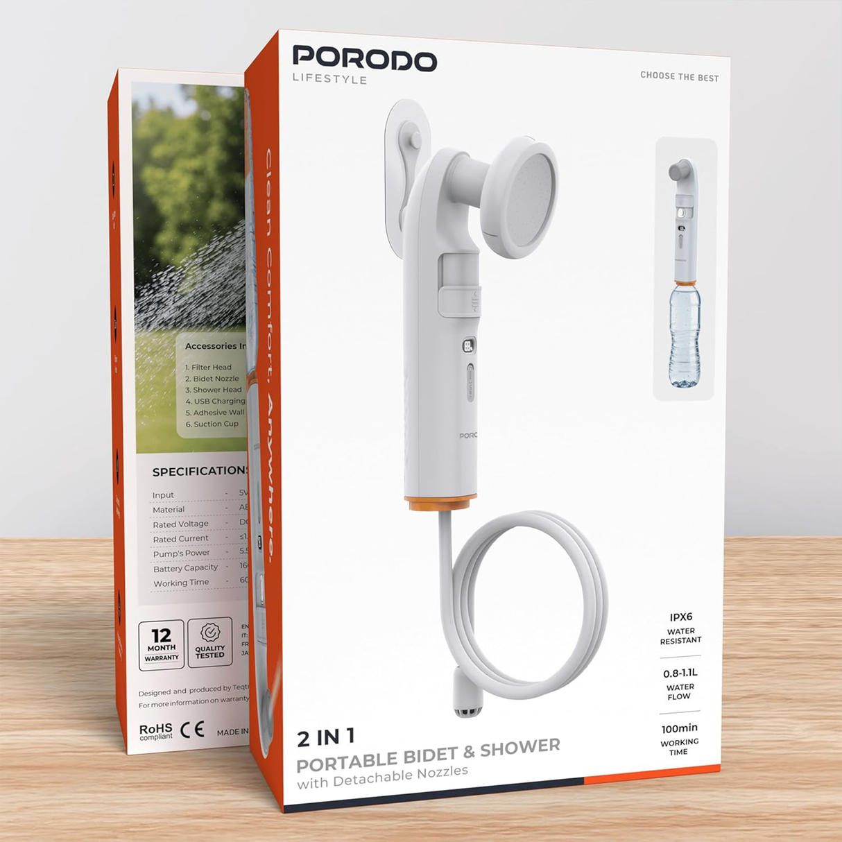 دش وبيديه محمول 2 في 1 مع فوهات قابلة للفصل – قابل للشحن ومقاوم للماء من Porodo