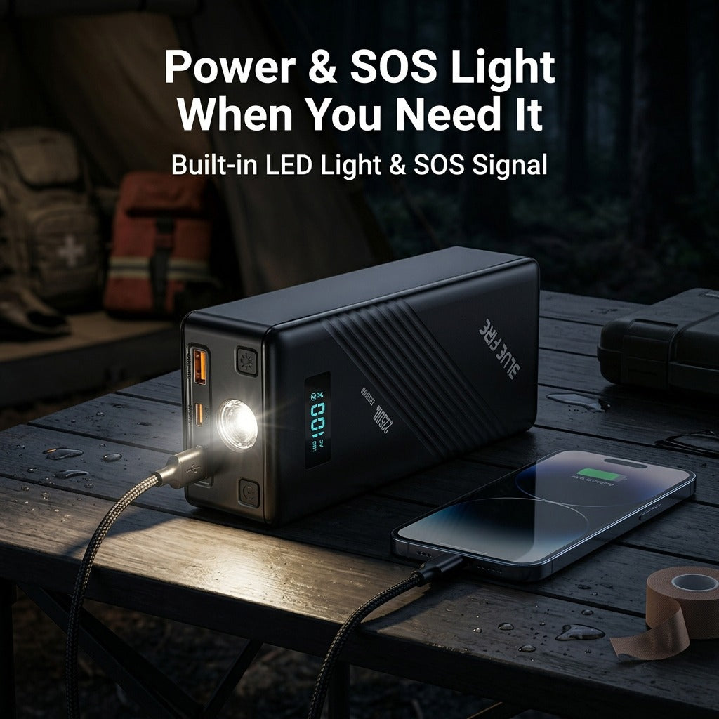 باور بانك محمول بسعة 22500mAh وقدرة تشغيل 150W وذروة 300W وشحن سريع ثنائي الاتجاه 65W و4 منافذ ومصباح LED SOS من Blue Fire