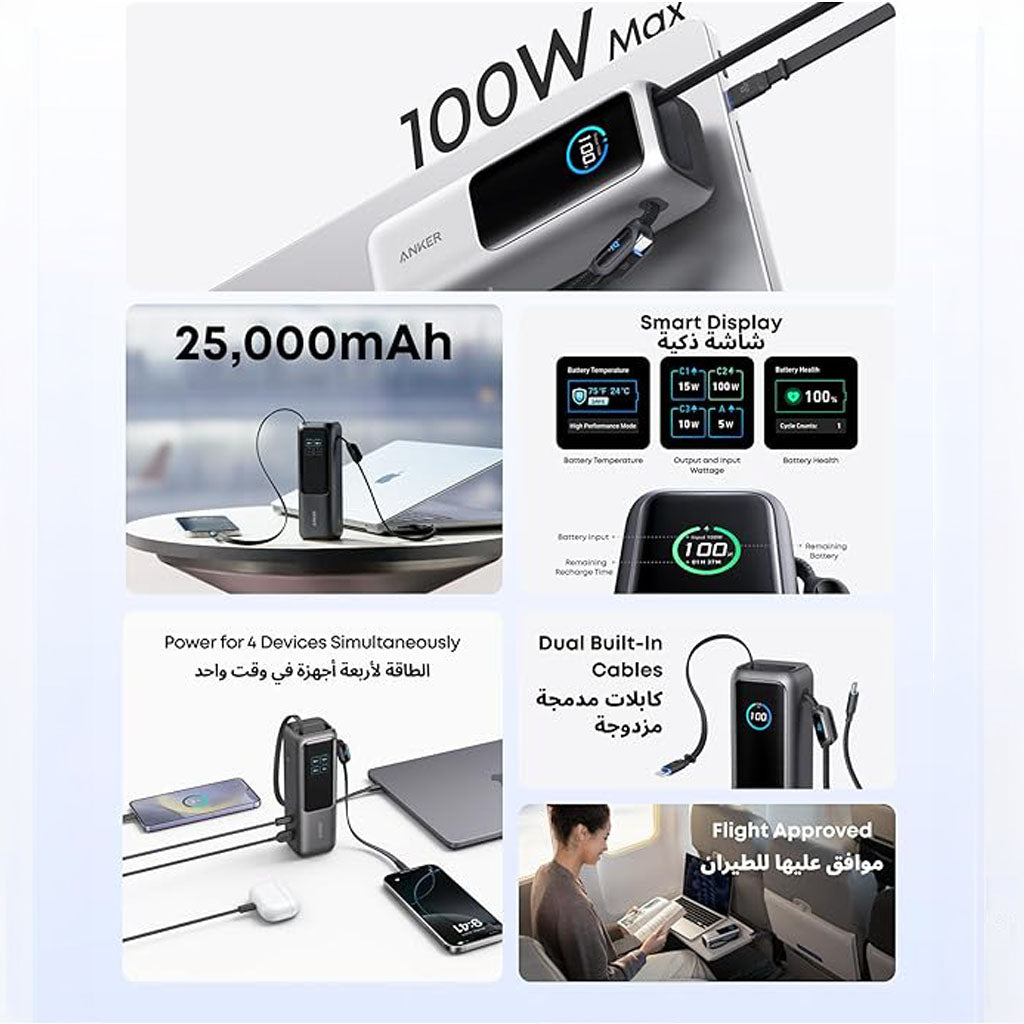 25000mAh Power Bank With 165W Fast Multi-Device USB-C Charging and Built-In Retractable Cables for Smart devices by Anker