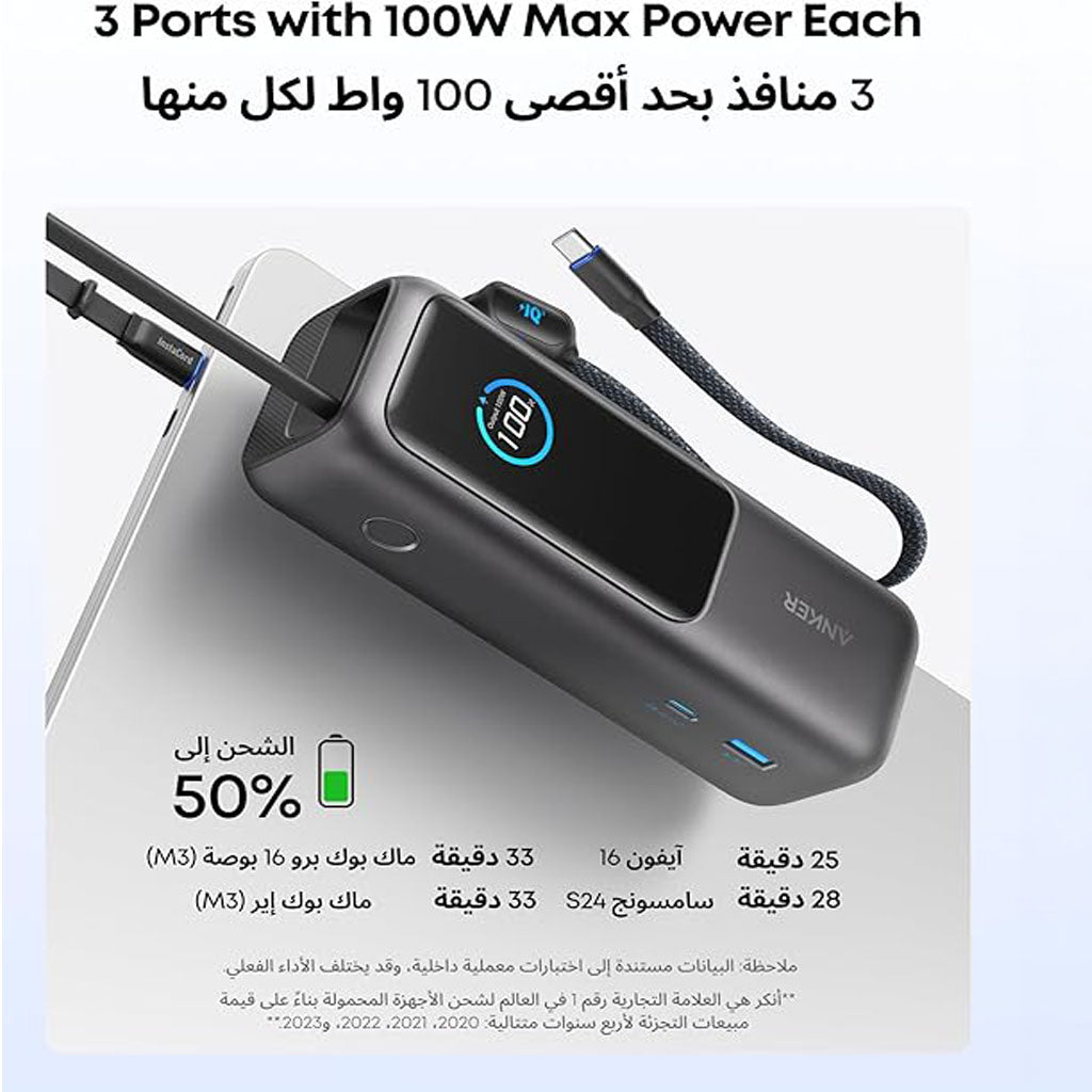 25000mAh Power Bank With 165W Fast Multi-Device USB-C Charging and Built-In Retractable Cables for Smart devices by Anker