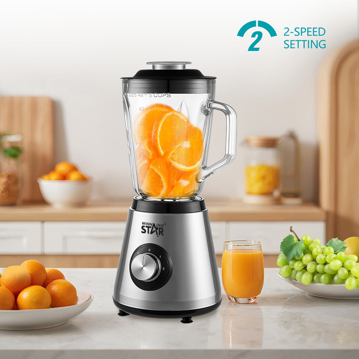 2-in-1 Blender & Grinder – 1.5L Glass Blender with Grinding Cup, 350W Copper Motor & 6 Stainless Steel Blades by Winning Star