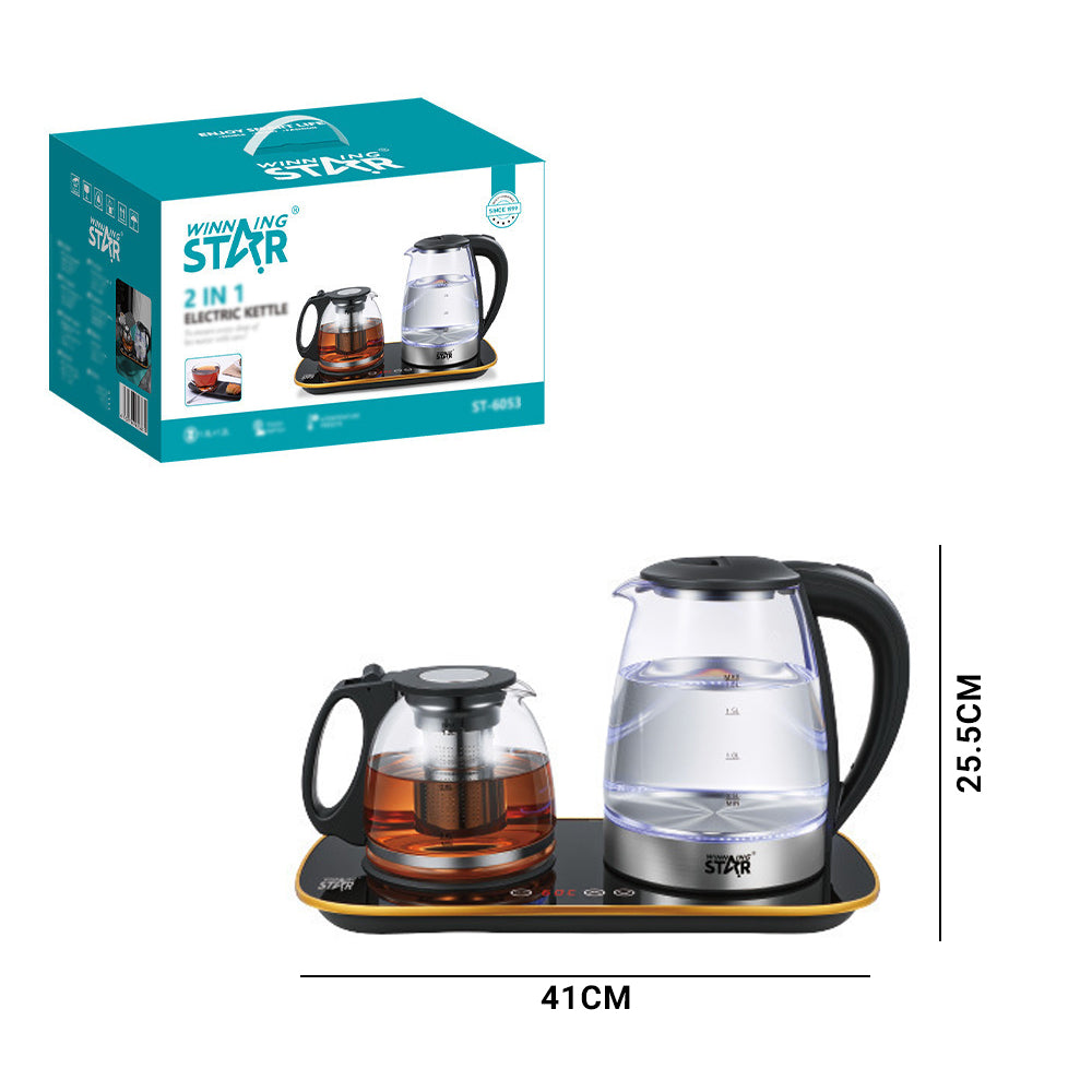 2-in-1 Electric Kettle & Glass Tea Maker Set, 1.8L Glass Water Kettle + 1.2L Tea Pot with Tea Infuser, Touch Control & Temperature Presets by Winning Star