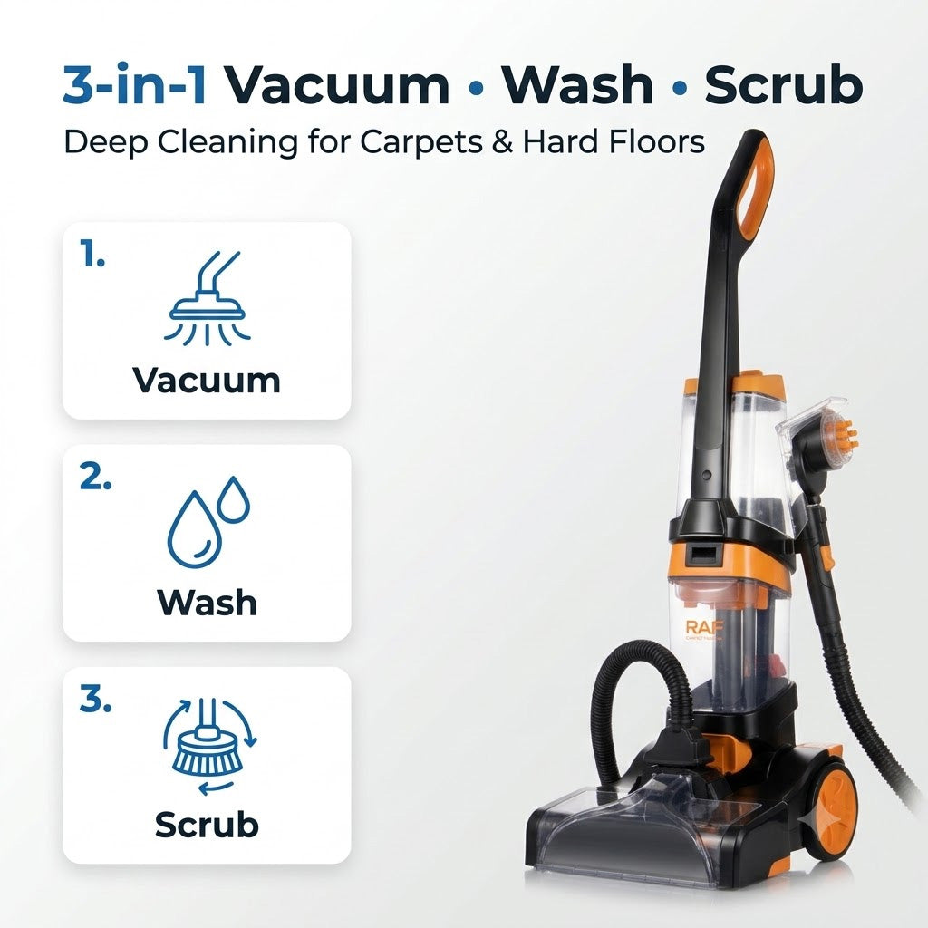 3-in-1 Carpet & Floor Washer Vacuum Cleaner 800W by RAF, Dual Roller Brush, 1.35L Clean Water Tank & 1.25L Dirty Water Tank, Carpet Cleaner for Home & Car
