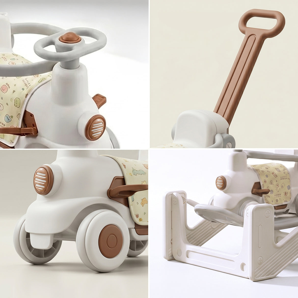 3-in-1 Rocking Train Carriage Ride-On Toy for Toddlers with Safety Guardrail, Silent Wheels & Push Handle