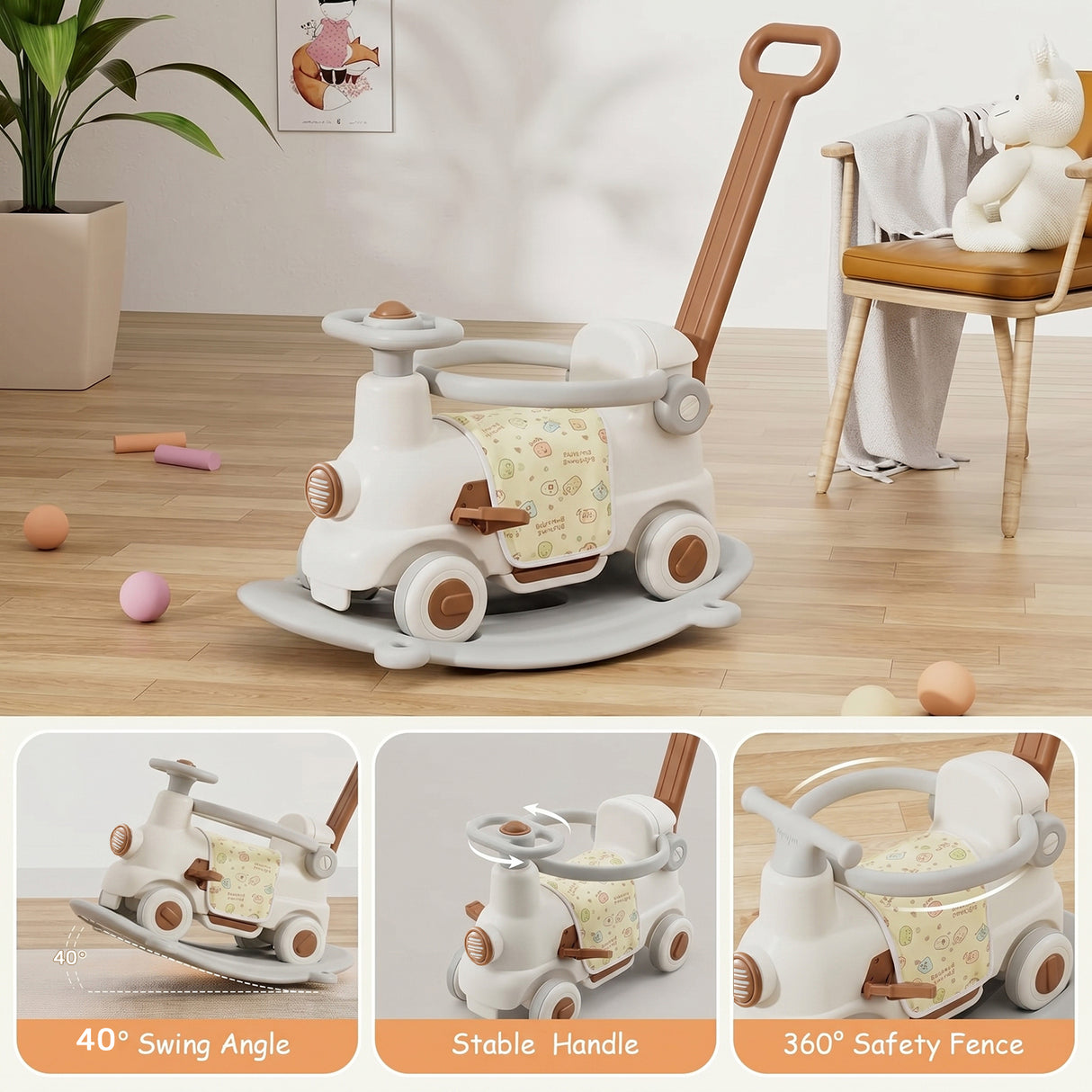 3-in-1 Rocking Train Carriage Ride-On Toy for Toddlers with Safety Guardrail, Silent Wheels & Push Handle