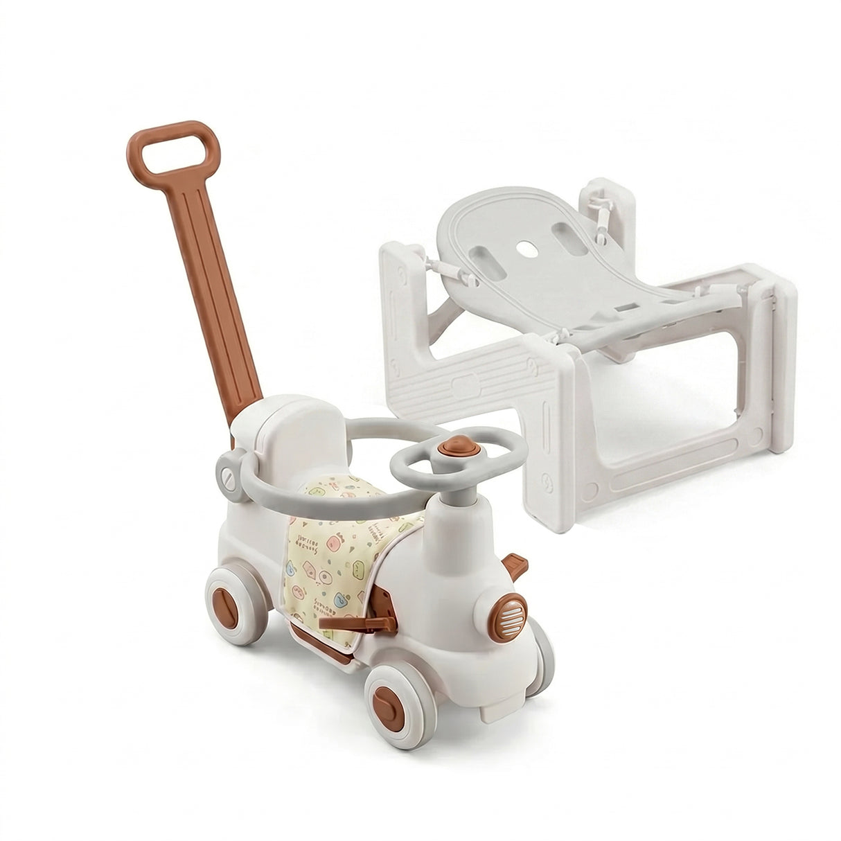 3-in-1 Rocking Train Carriage Ride-On Toy for Toddlers with Safety Guardrail, Silent Wheels & Push Handle