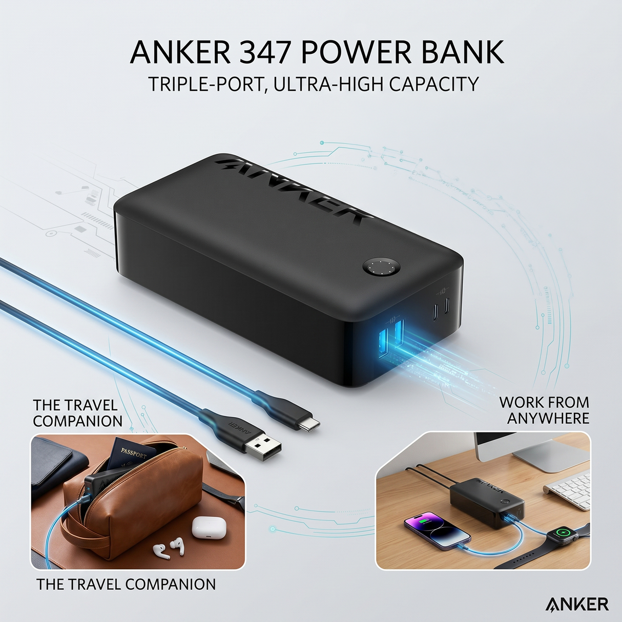 347 Power Bank, 40,000mAh 30W USB-C Fast Charging Portable Charger for Smart devices by Anker