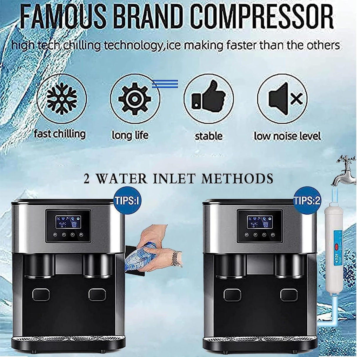 3-in-1 Countertop Ice Maker Machine – Ice Cubes, Crushed Ice & Cold Water Dispenser with Touch LCD | Ice Maker Machine | SASKA Trading