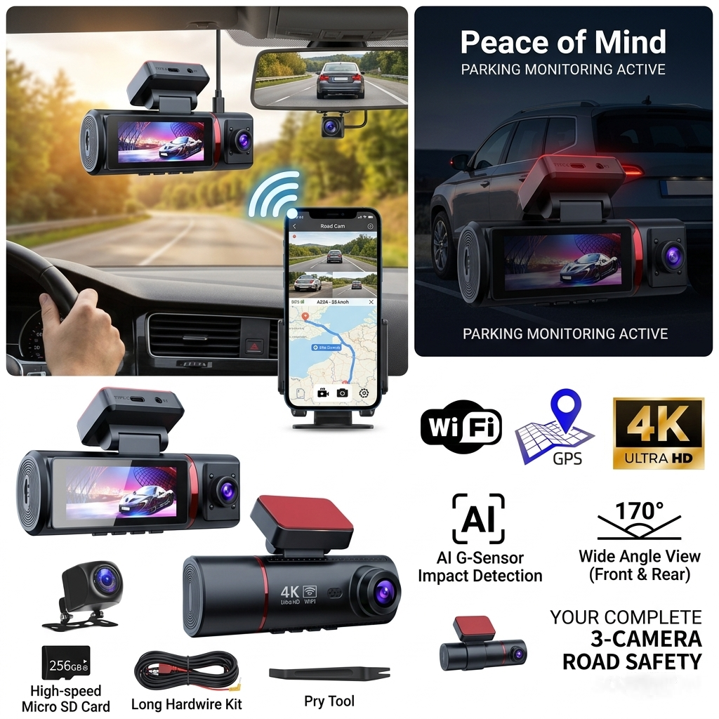 4K Ultra HD Dual Lens Dash Camera DVR with WDR Night Vision, G-Sensor and Loop Recording by Saska-saska.ae
