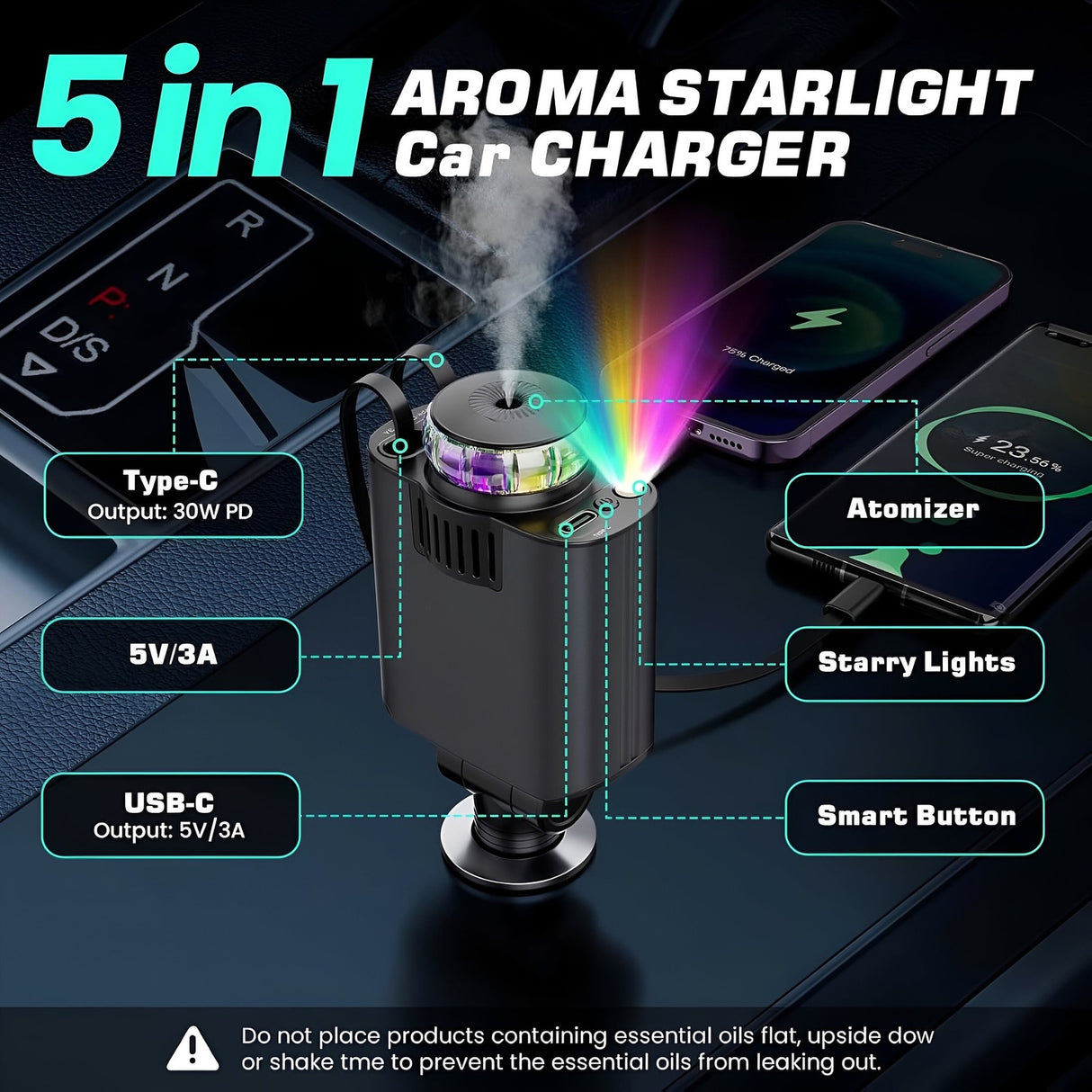 5-in-1 Car Charger and Star light with Air Freshener | Car Charger | SASKA Trading