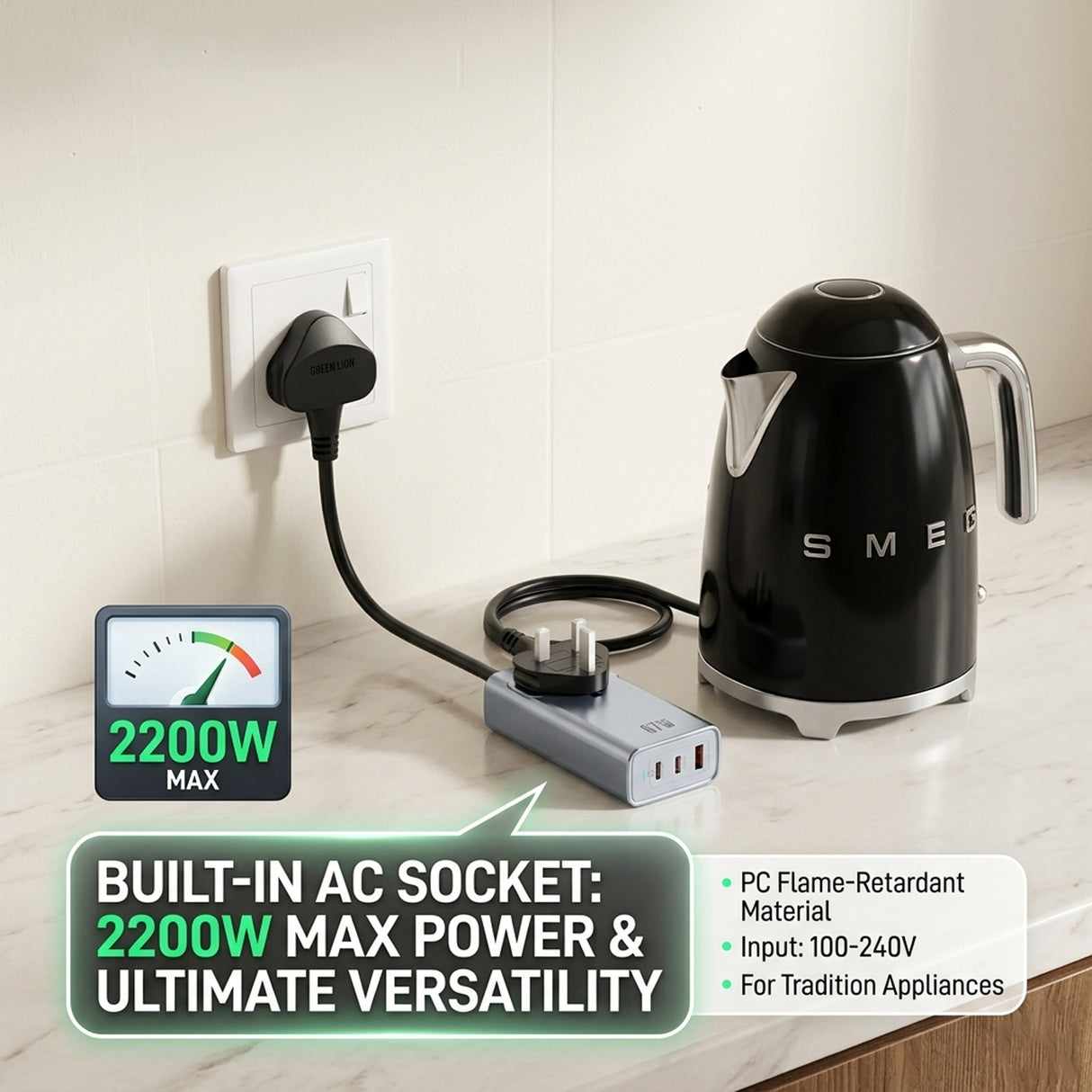 مقبس طاقة تيار متردد بقدرة 67 واط بتقنية GaN بريميوم مع قابس بريطاني، موزع شحن سريع مزود بمنافذ USB-C و USB-A من Green Lion