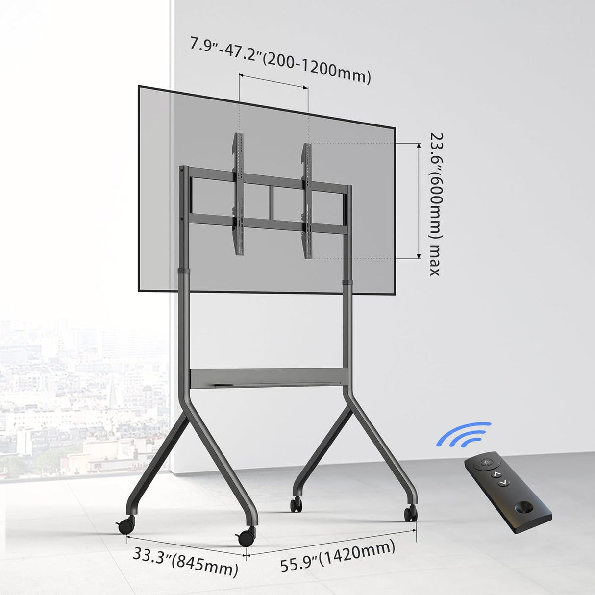 عربة تلفزيون متحركة بمحرك، حامل رفع كهربائي عالي التحمل لشاشة تلفزيون بحد أقصى 110 بوصة أو لوحة ذكية