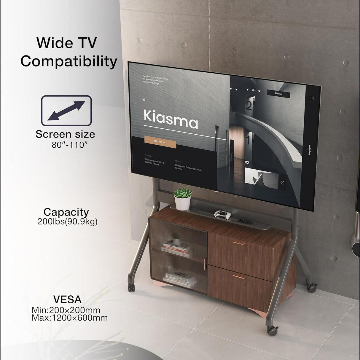 عربة تلفزيون متحركة بمحرك، حامل رفع كهربائي عالي التحمل لشاشة تلفزيون بحد أقصى 110 بوصة أو لوحة ذكية