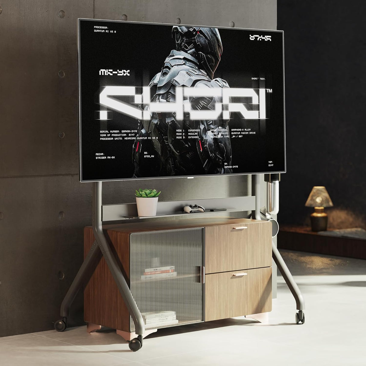 عربة تلفزيون متحركة بمحرك، حامل رفع كهربائي عالي التحمل لشاشة تلفزيون بحد أقصى 110 بوصة أو لوحة ذكية