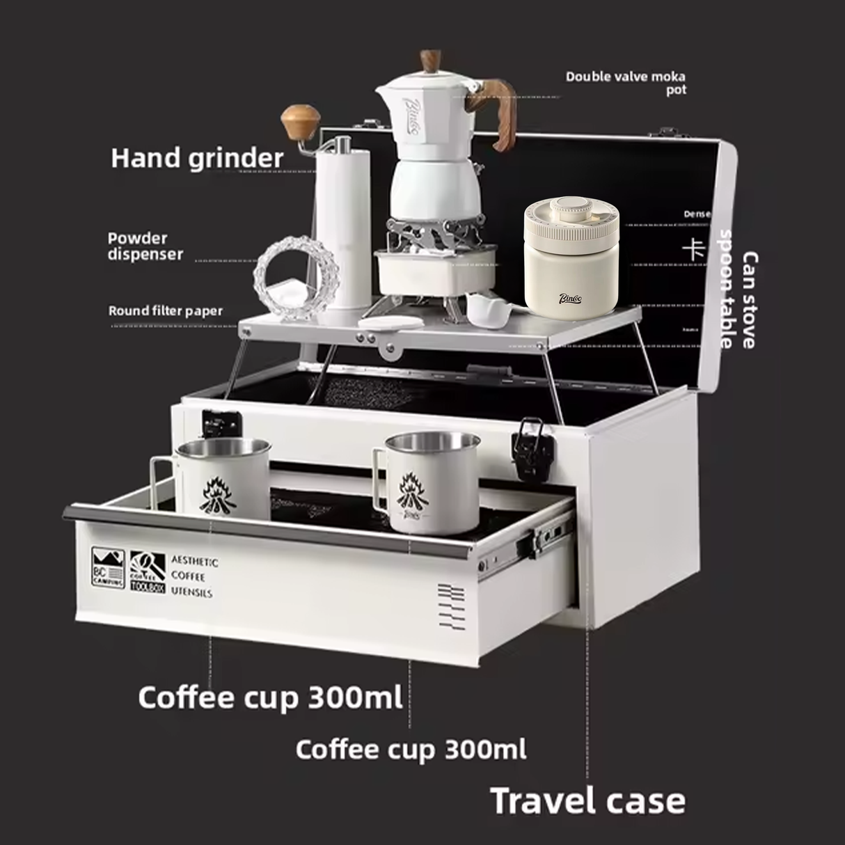 BINCOO 11-Piece Outdoor Coffee Set – Portable Double-Layer Aluminum Box for Espresso
