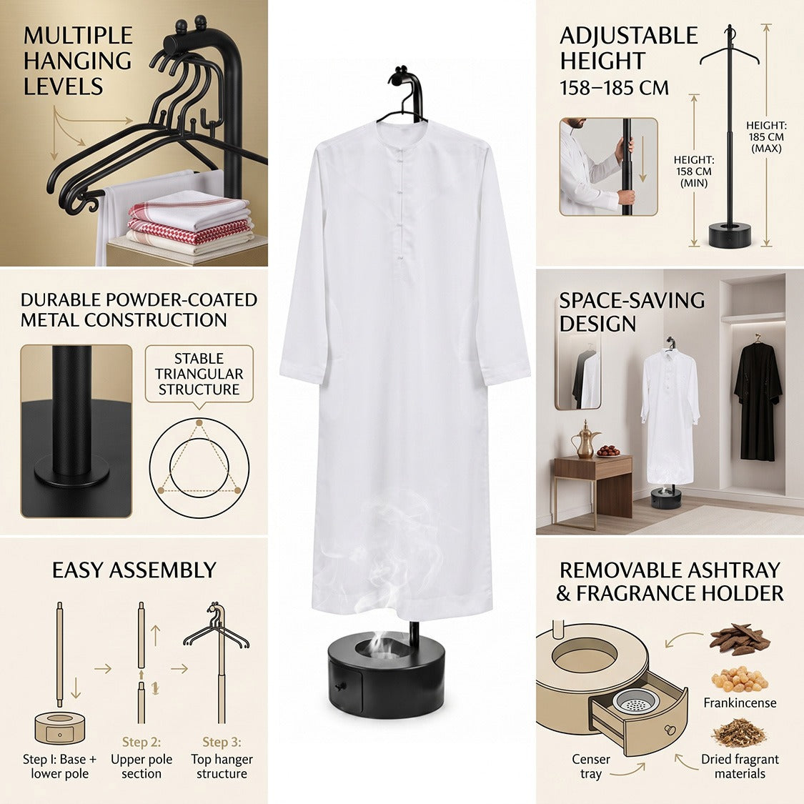 185cm Long Incense Burner Stand, Adjustable Height Bakhoor Burning Clothes Hanger Stand