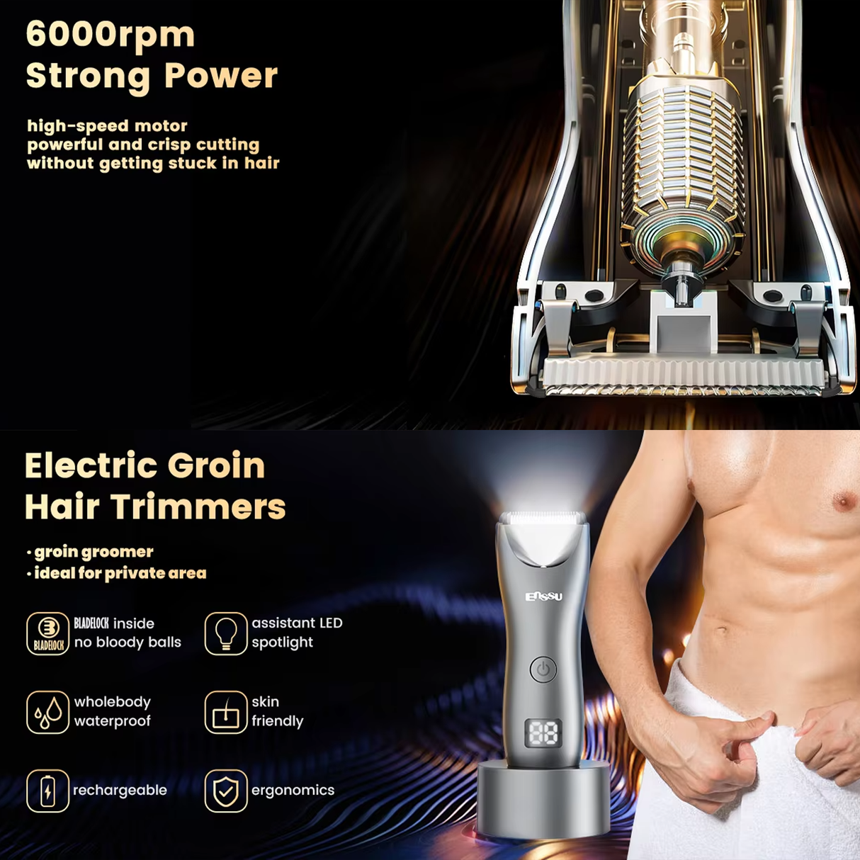 Ceramic-Blade Body Hair Trimmer ES033GY – LED Display Waterproof Groomer by ENSSU