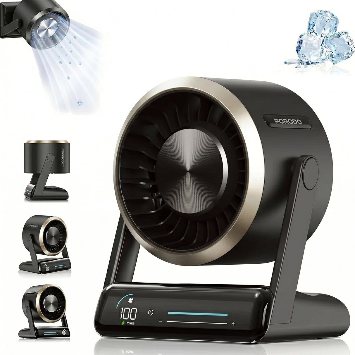 Chillo Core Desktop Fan 6000mAh Rechargeable Fan with LED Display, 100 Speed Levels and USB-C Fast Charging by Porodo