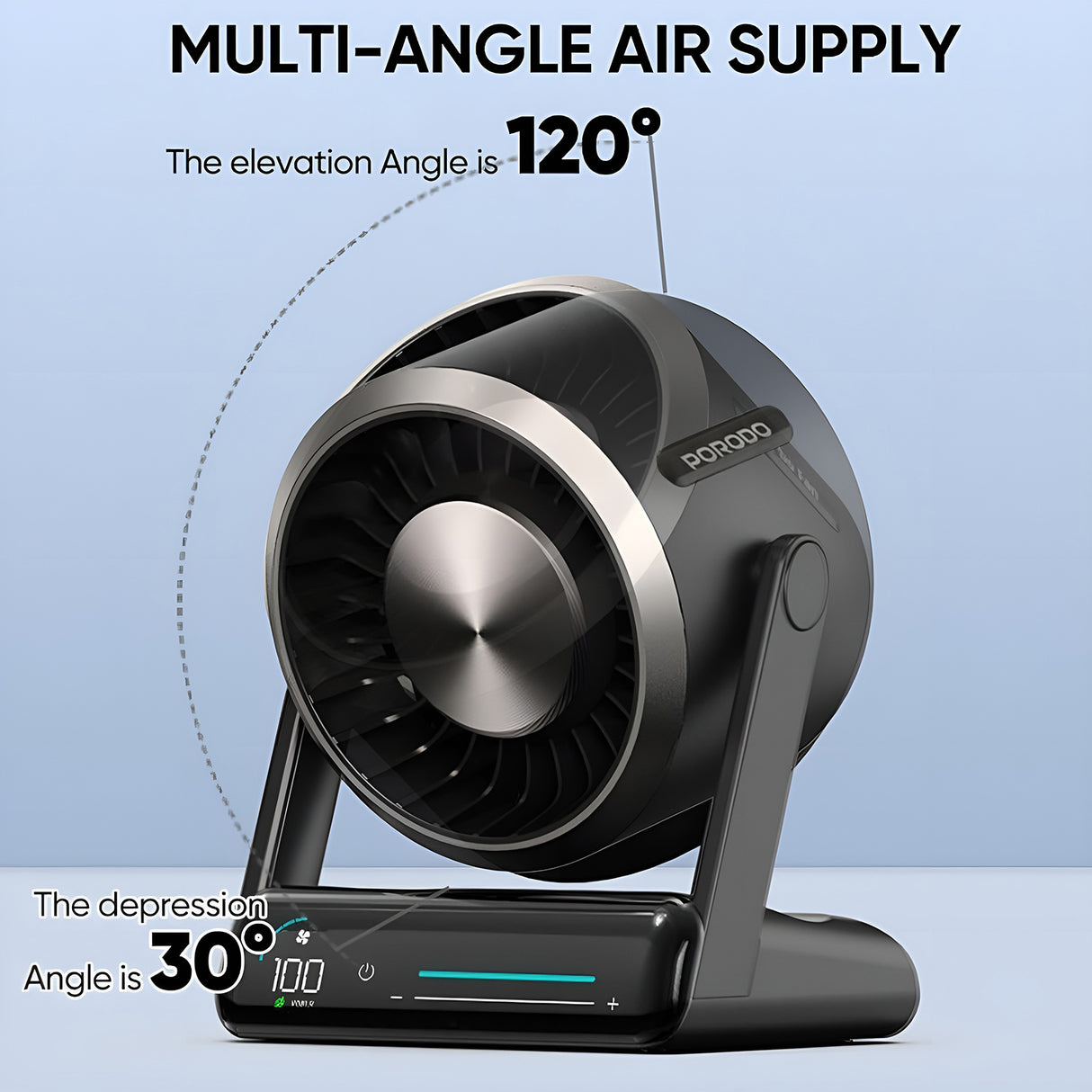 Chillo Core Desktop Fan 6000mAh Rechargeable Fan with LED Display, 100 Speed Levels and USB-C Fast Charging by Porodo