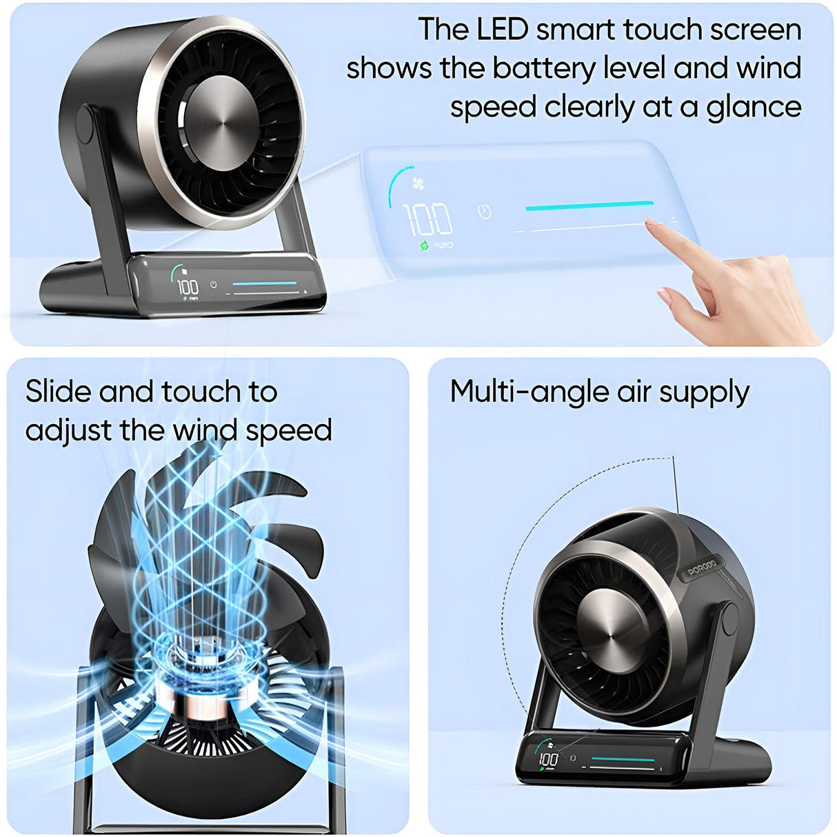 Chillo Core Desktop Fan 6000mAh Rechargeable Fan with LED Display, 100 Speed Levels and USB-C Fast Charging by Porodo
