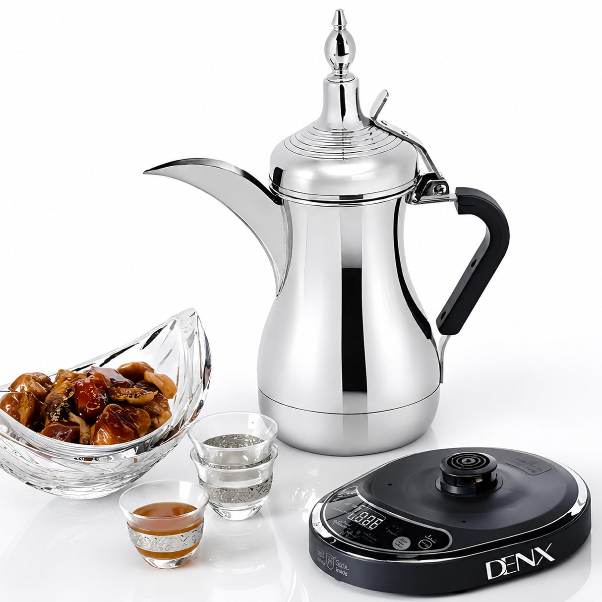Electric Arabic Coffee Pot Set, 600ml Stainless Steel Coffee & Tea Kettle with Base, 800W Fast Heating, UK Plug by Denx