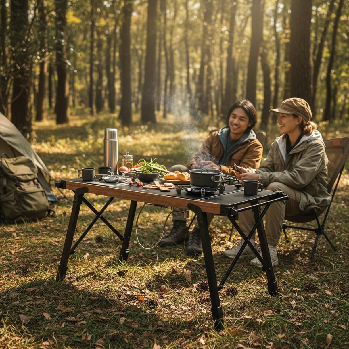 موقد ثنائي الشعلة وطاولة تخييم قابلة للطي، خفيف الوزن، محمول، للطهي في الهواء الطلق من Porodo