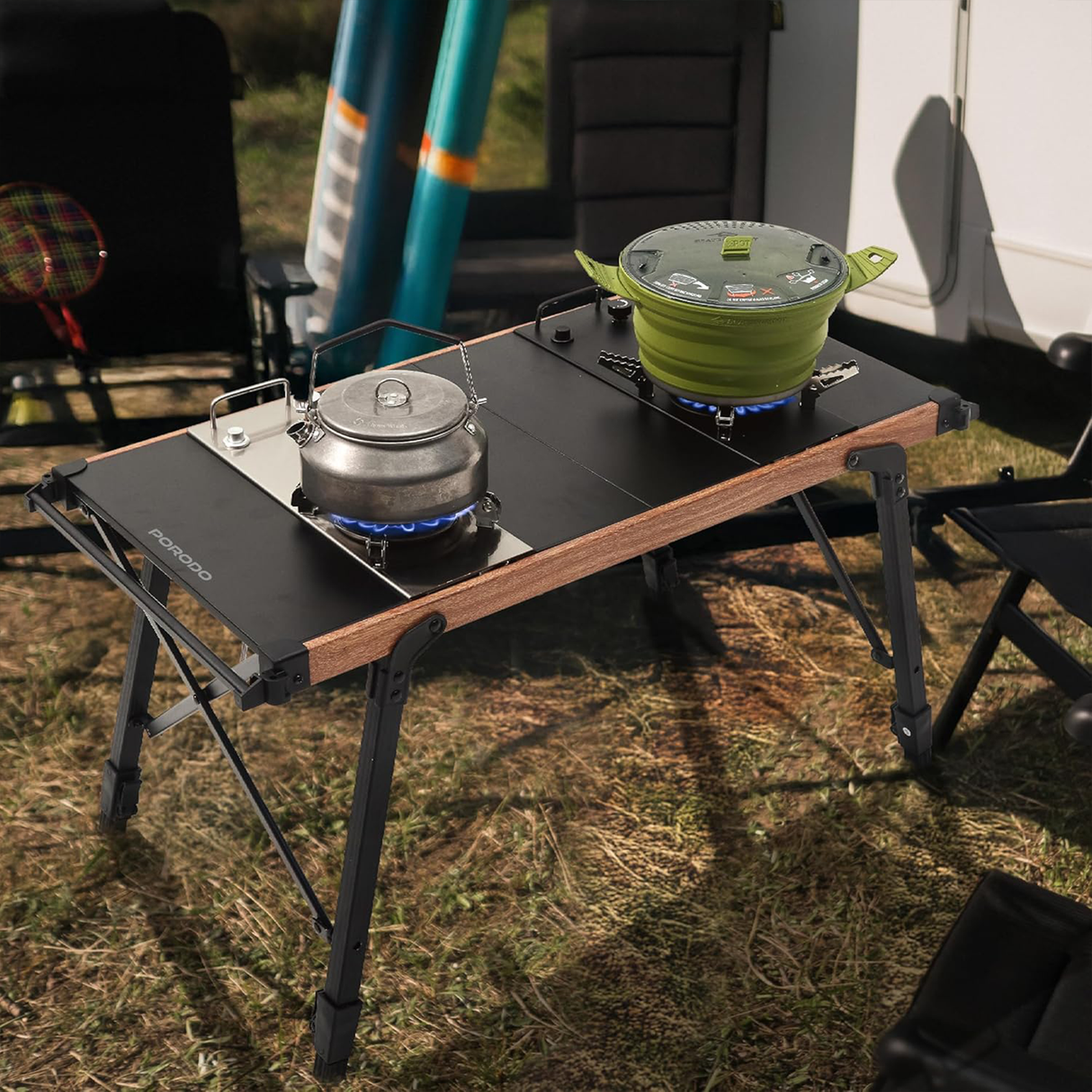 موقد ثنائي الشعلة وطاولة تخييم قابلة للطي، خفيف الوزن، محمول، للطهي في الهواء الطلق من Porodo