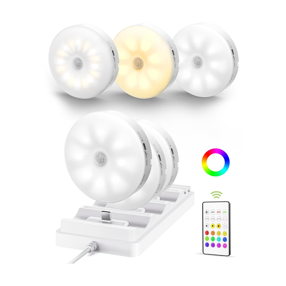 Rechargeable Motion Sensor Under Cabinet Multicolor LED Puck Lights 6 Pack by Ezvalo | Under Cabinet LED Light | SASKA Trading