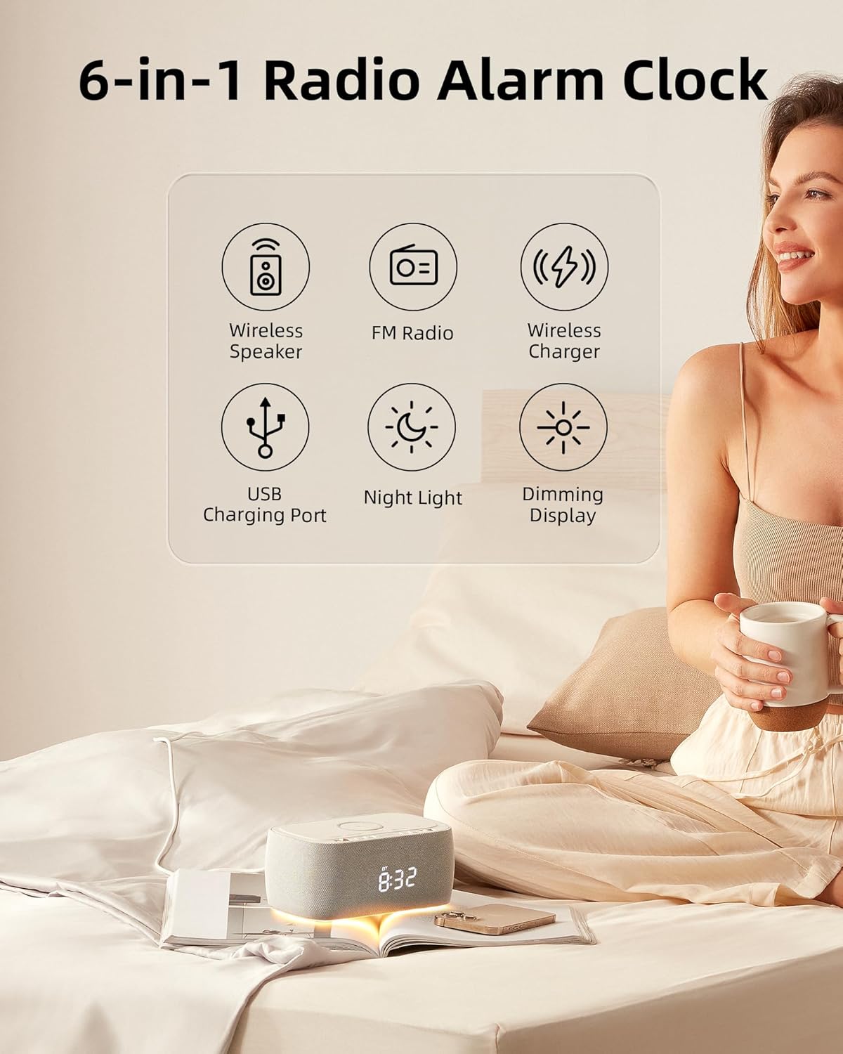 Multifunctional Alarm Clock with Bluetooth Speaker & Wireless Charging by EZVALO | Bedside Lamp | SASKA Trading