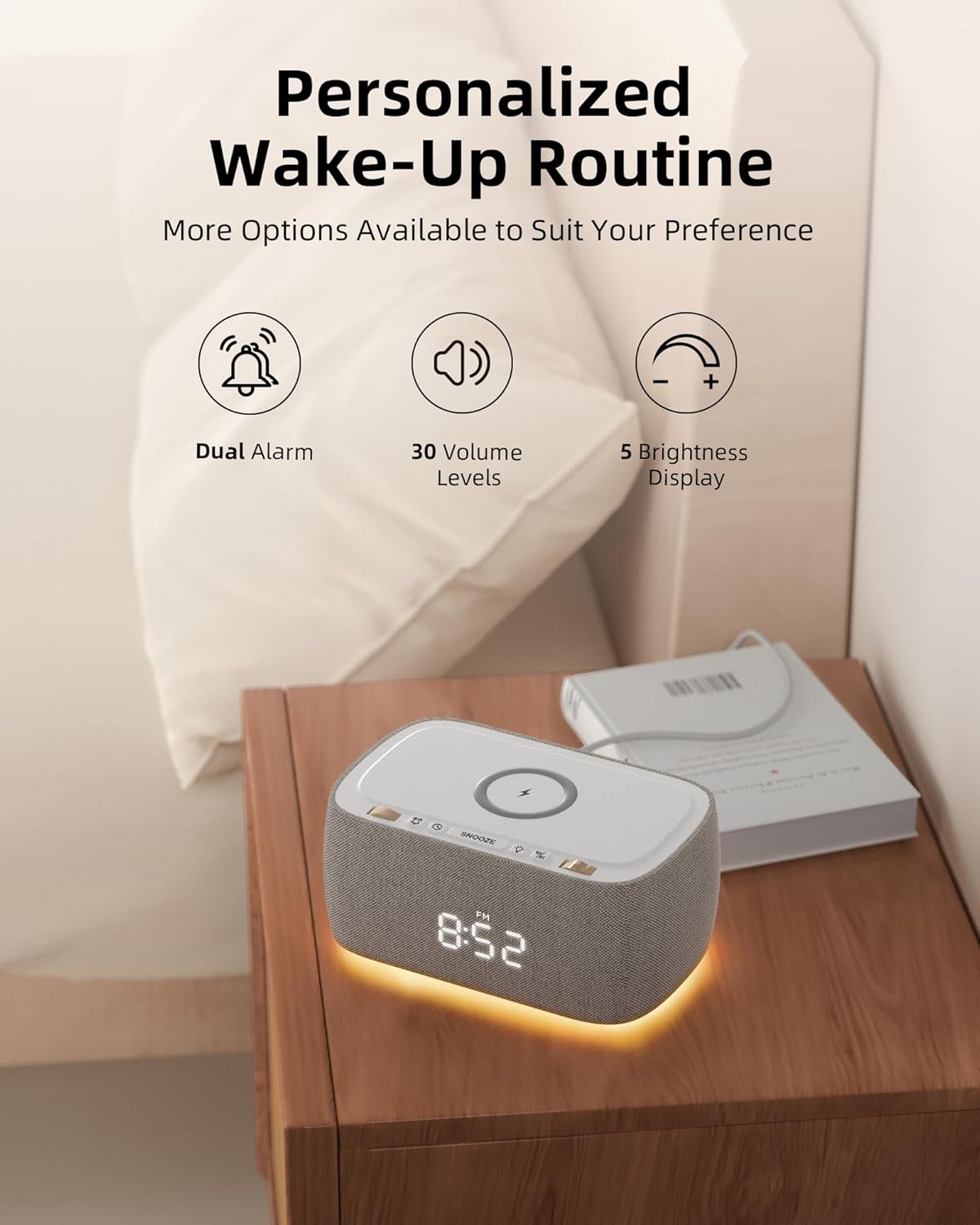 Multifunctional Alarm Clock with Bluetooth Speaker & Wireless Charging by EZVALO | Bedside Lamp | SASKA Trading