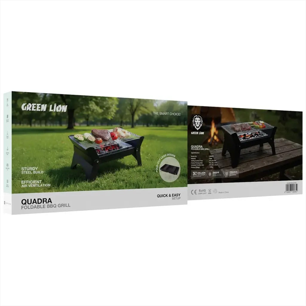 شواية كوادرا القابلة للطي مع هيكل فولاذي متين، مثالية للتخييم، لون أسود - من Green Lion