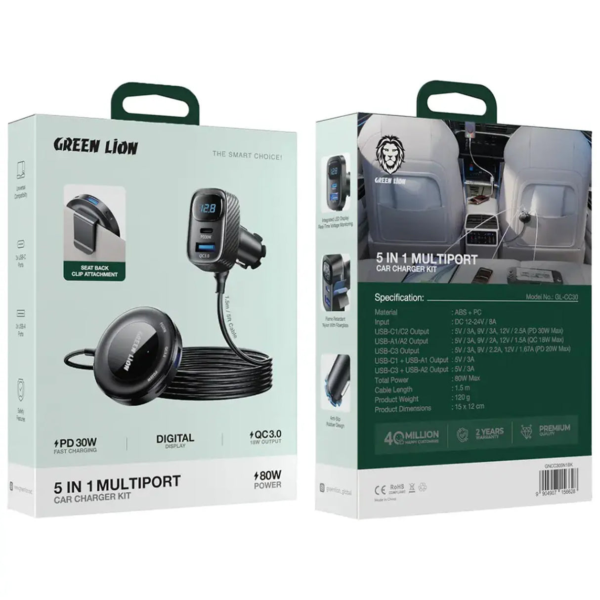 5-in-1 Multiport Car Charger Kit, 80W Fast Charging Adapter with 3 USB-C & 2 USB-A Ports, PD 30W & QC 3.0 by Green Lion