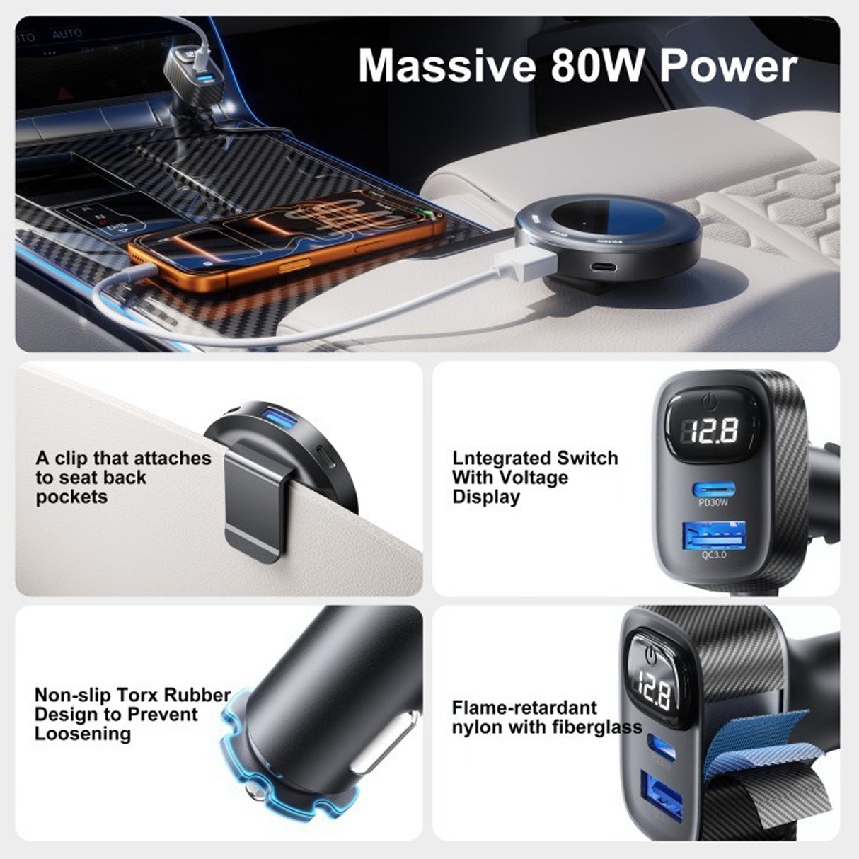 5-in-1 Multiport Car Charger Kit, 80W Fast Charging Adapter with 3 USB-C & 2 USB-A Ports, PD 30W & QC 3.0 by Green Lion