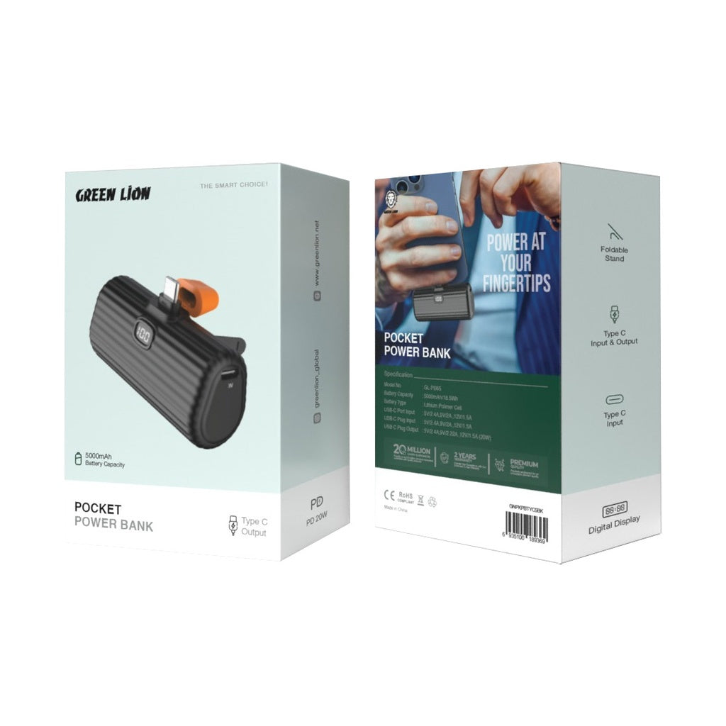 Pocket Power Bank Type-C Output 5000 mAh Black by Green Lion | Power Bank | SASKA Trading