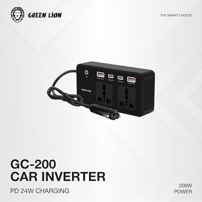 GC-200 200W Car Power Inverter with Dual AC Sockets and Fast Charging Support Compact and Flame-Retardant Design for Travel by Green Lion