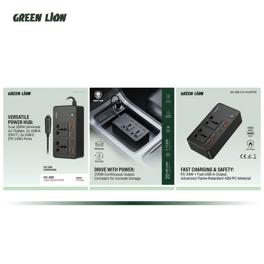 GC-200 200W Car Power Inverter with Dual AC Sockets and Fast Charging Support Compact and Flame-Retardant Design for Travel by Green Lion
