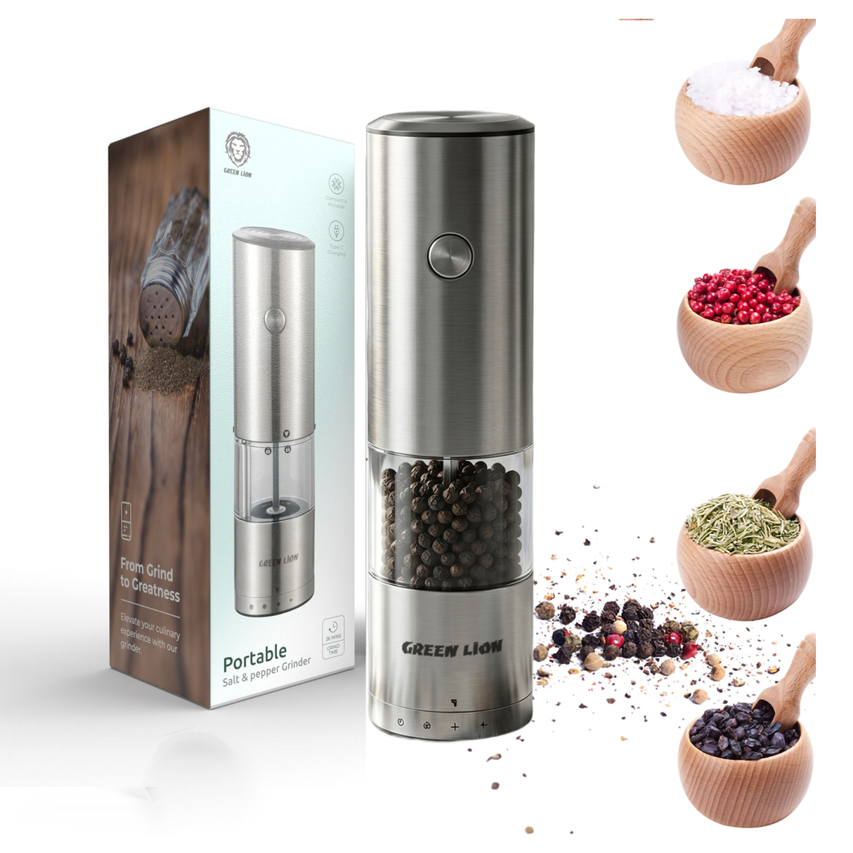 Green Lion Portable Salt & Pepper Grinder 6.5W Silver