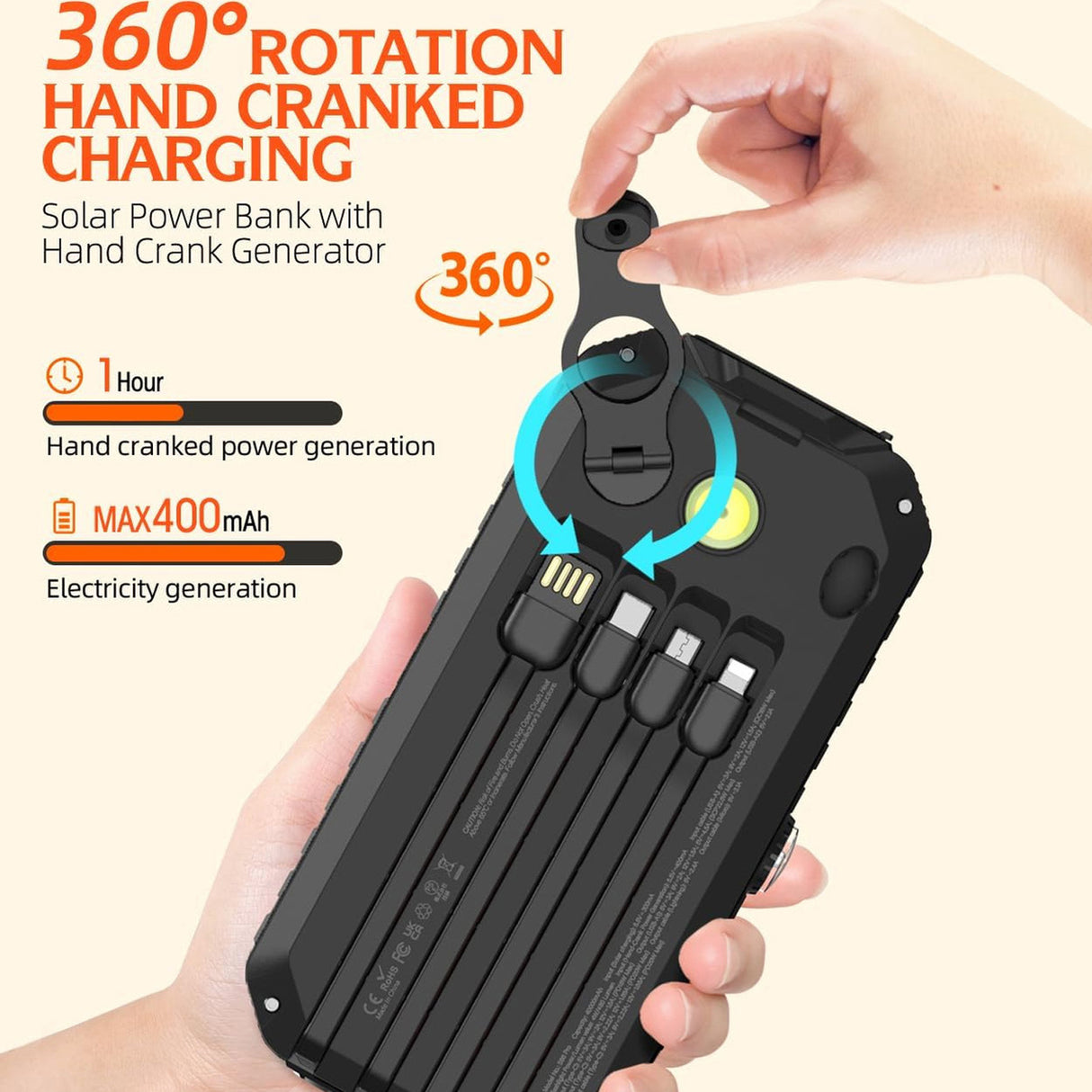 باور بنك Solar Mate مع شحن بالطاقة الشمسية ومقبض يدوي 20000 مللي أمبير، 4 كابلات مدمجة، شحن سريع PD بقوة 20 واط وQC بقوة 22.5 واط من Green Lion