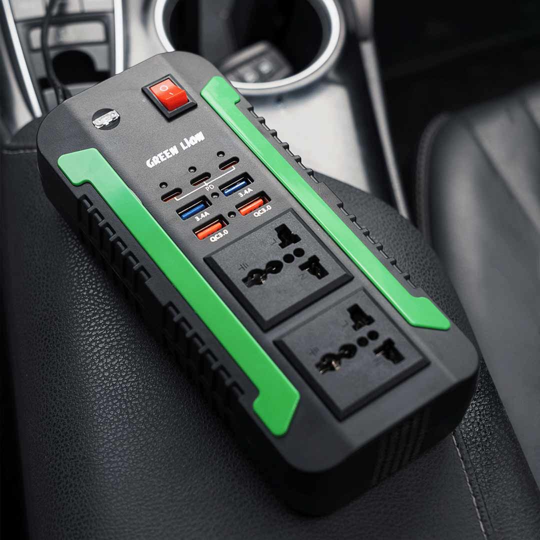 Spark 300W Power Inverter – Portable Car DC to AC Converter with PD 20W, QC3.0 & Dual AC Outlets by Green Lion