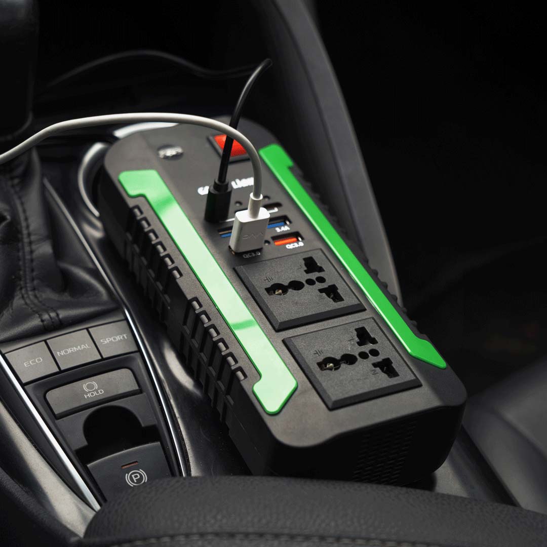 Spark 300W Power Inverter – Portable Car DC to AC Converter with PD 20W, QC3.0 & Dual AC Outlets by Green Lion