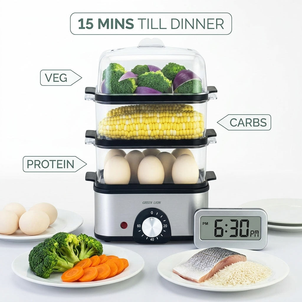 3-Tier Egg Cooker and Vegetable Steamer – 16 Eggs Capacity and Stainless Steel Steamer with Timer by Green Lion