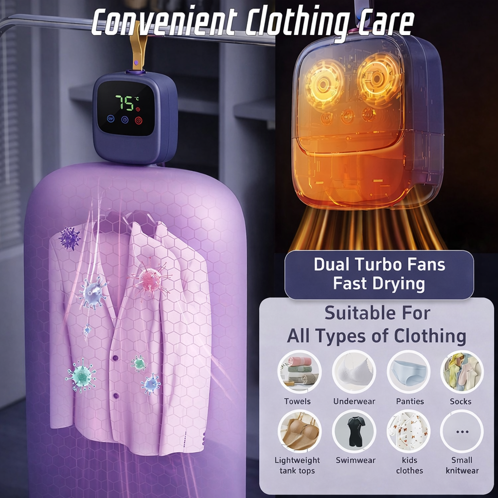 مجفف ملابس محمول 450 واط – تجفيف سريع مع تعقيم وإزالة العث