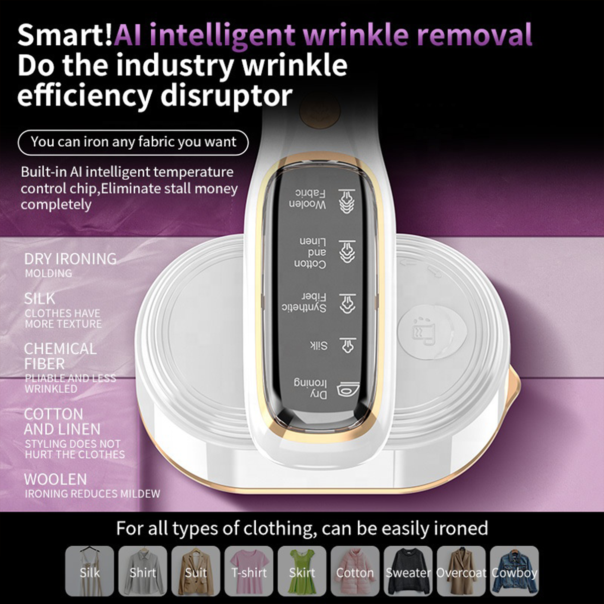 Smart iron with AI intelligent wrinkle removal technology on a purple background