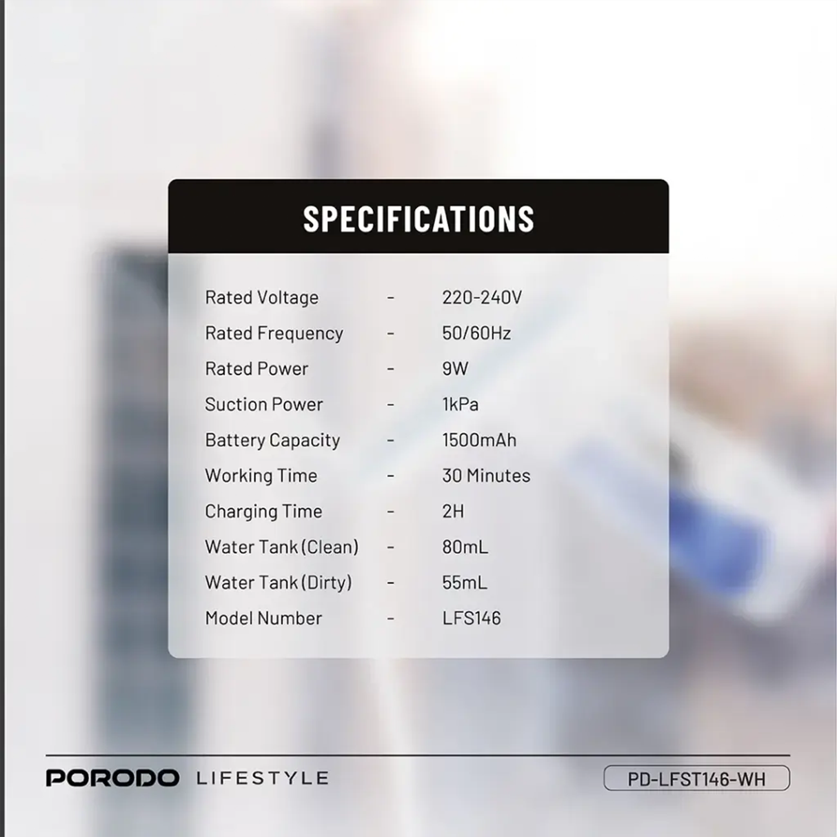 منظّف نوافذ يدوي – جهاز تنظيف زجاج وأسّطح كهربائي لاسلكي من Porodo