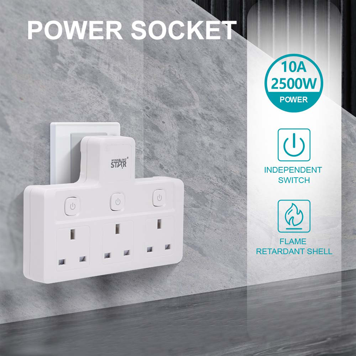 High Quality 3-Pin Plug Extension Socket ST-1086-3 with 3 UK Outlets AC220V-250V by Winning Star | Extension Socket | SASKA Trading
