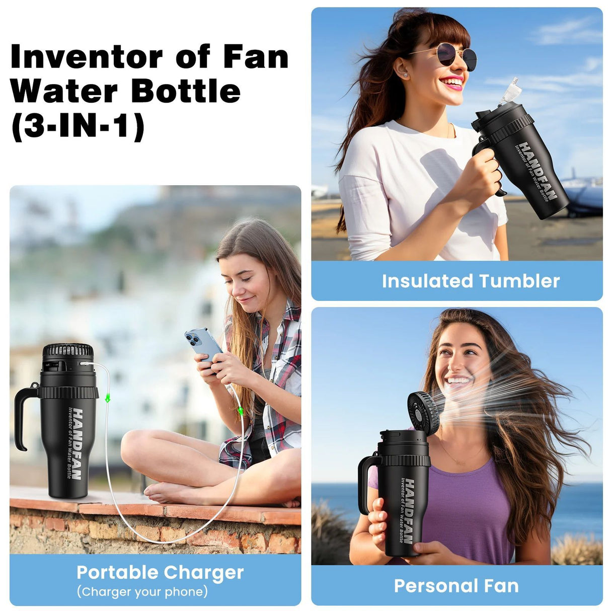 3-in-1 Insulated Sport & Gym Water Bottle with Portable Hand Fan M440 by HandFan | Water Bottle | SASKA Trading