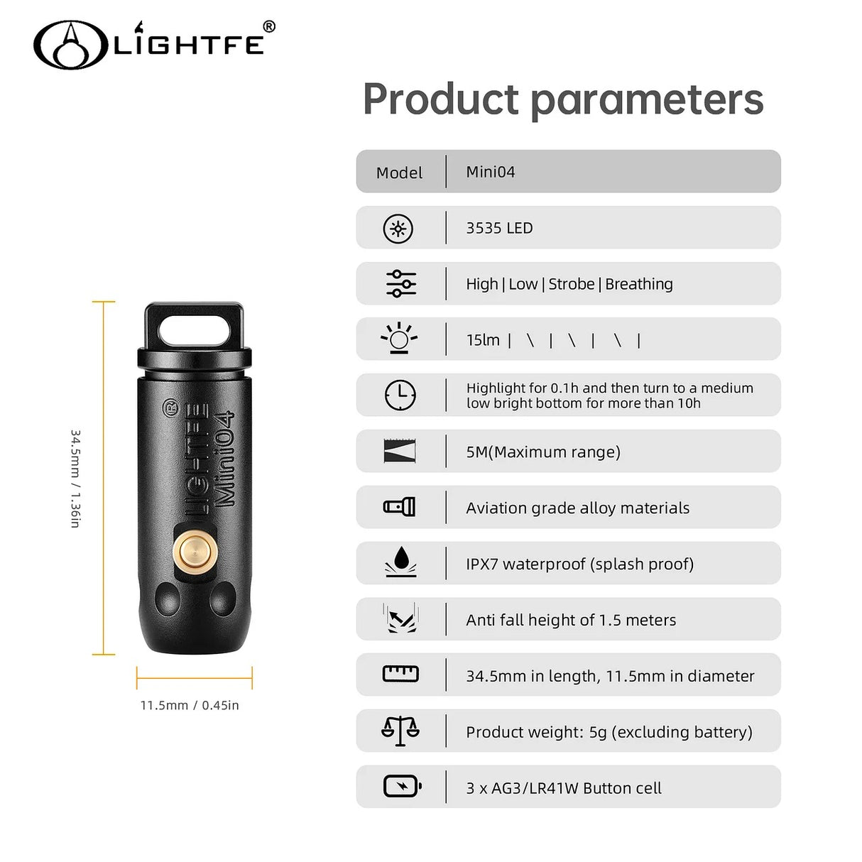 Keychain Flashlight Mini04 Ultra-Compact, LED Torch 4 Modes, IPX7 Waterproof Pocket, EDC Light for Camping Hiking