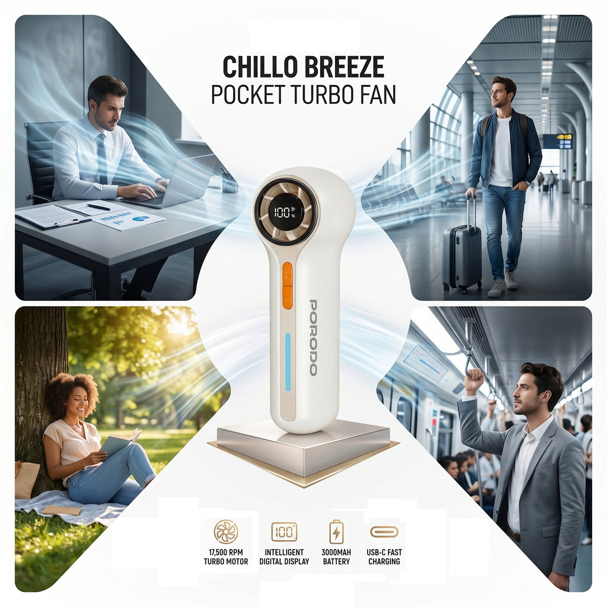 Lifestyle Chillo Breeze Pocket Turbo Fan 3000mAh Rechargeable Portable Fan with 100 Speed Levels & Digital Display by Porodo