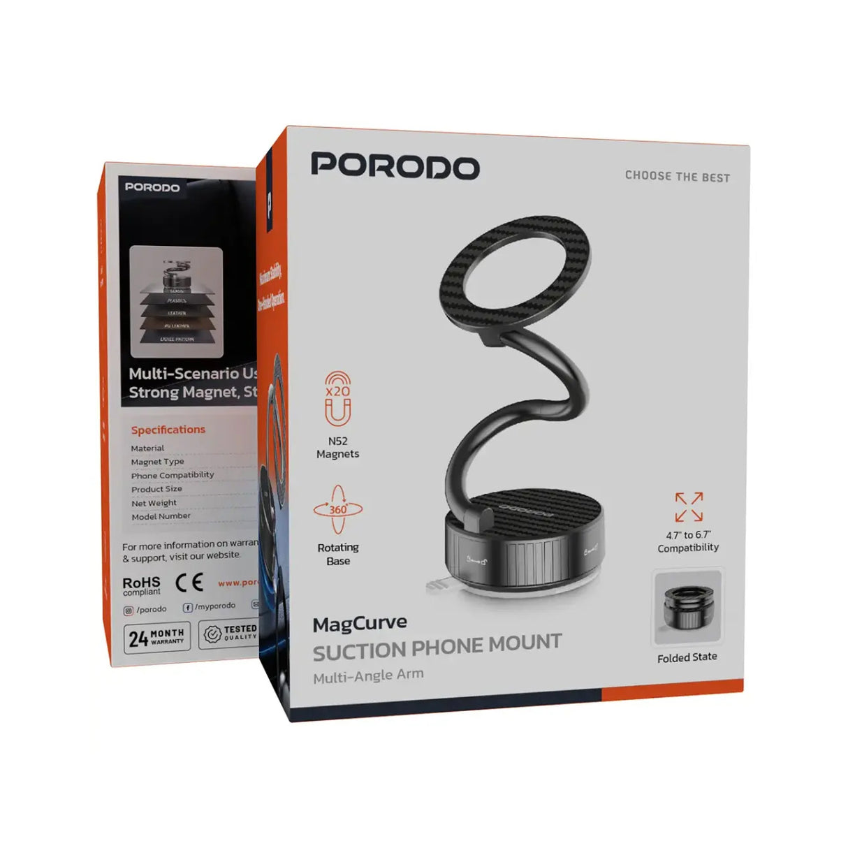 حامل الهاتف MagCurve - مغناطيس قوي، دوران 360 درجة، زوايا متعددة، مثالي للسيارة أو المكتب من Porodo